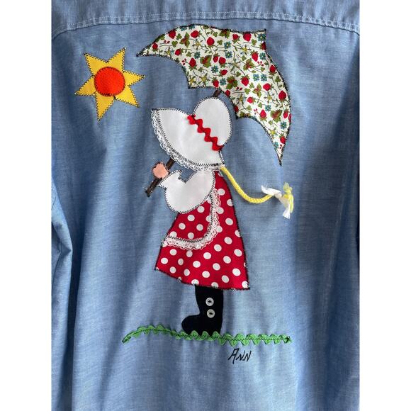Vtg 70's Holly Hobbie Chambray Button Up Shirt Applique Butterfly Cottagecore - Picture 7 of 8